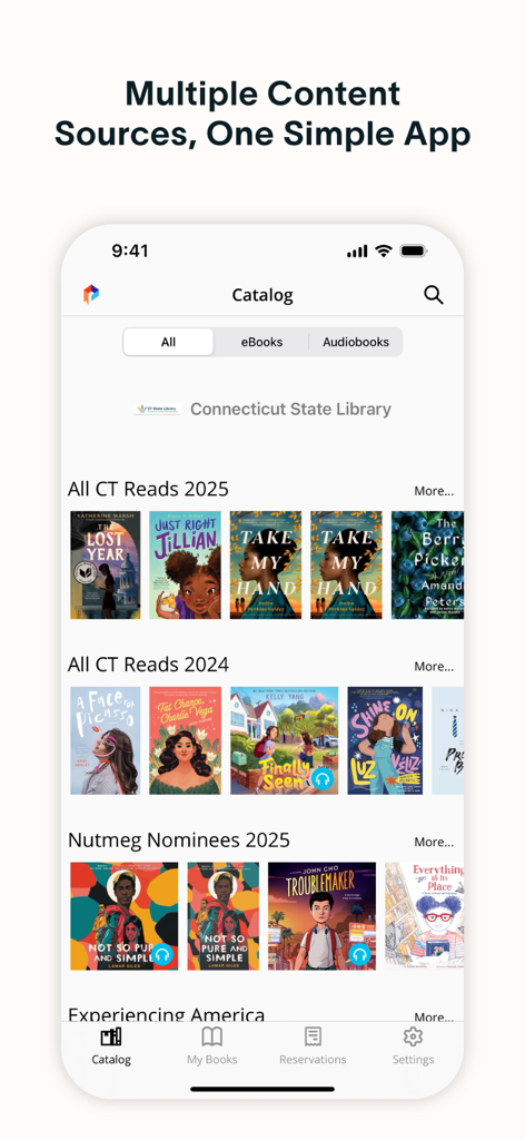 The Palace Project mobile app interface showing a digital library catalog with ebook and audiobook collections.