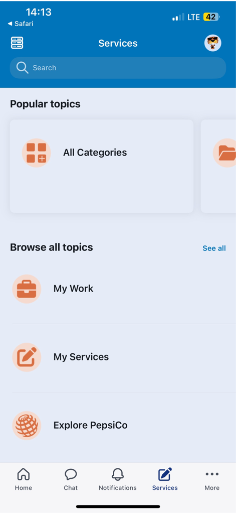 The services interface of the mypepsico app showing categories for employee work and support resources.