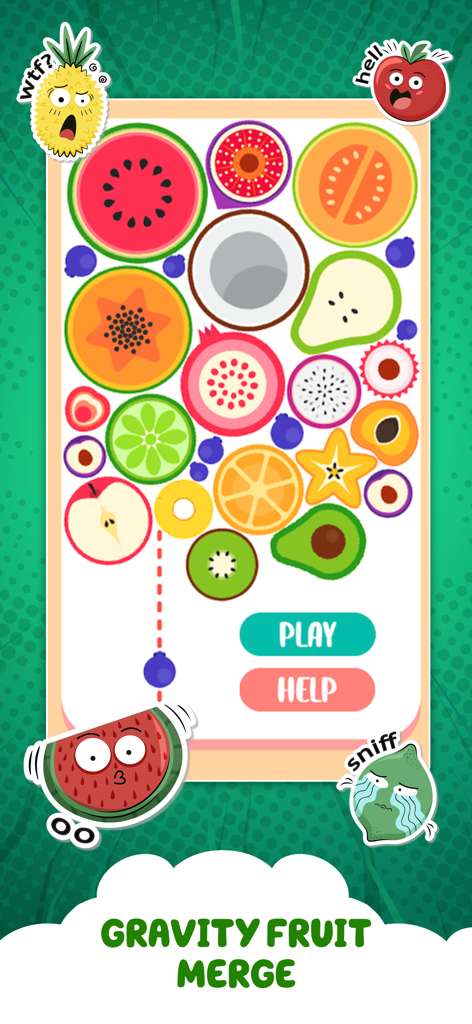Pantalla de juego de Watermelon Games Fruit Merge con varias rodajas de frutas coloridas y botones de juego.