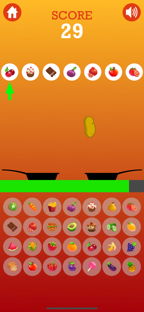 Pantalla de juego del Juego de la Papa Caliente mostrando un rompecabezas de combinación de patrones de comida con una papa saltarina