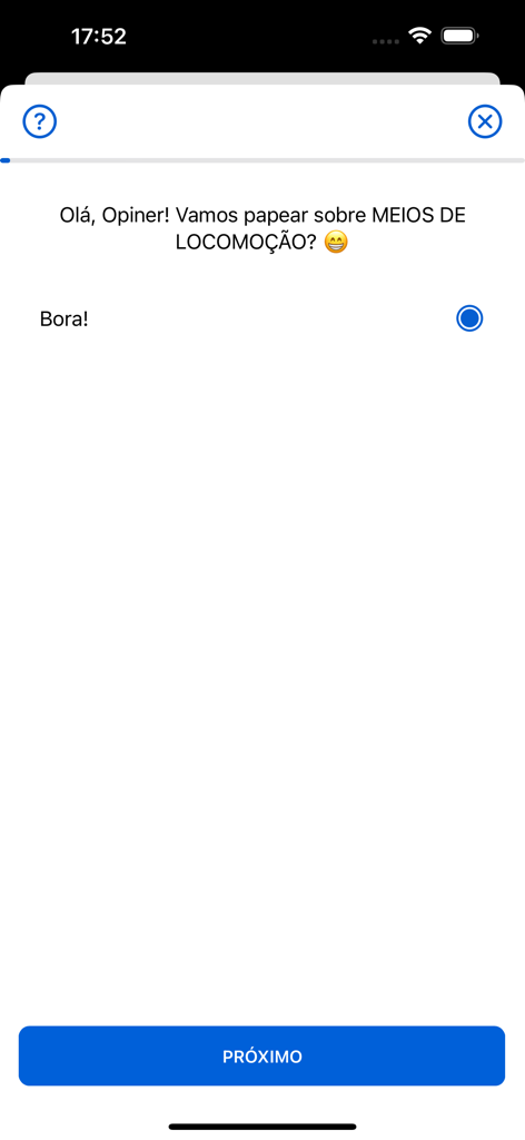 Interface do aplicativo PiniOn mostrando uma tela inicial de pesquisa sobre meios de transporte em português