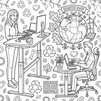 Promote health and sustainability with our unique Standing Desks Earth Day coloring page. This intricate design blends modern workspace trends with vital environmental messages, offering a mindful coloring experience.