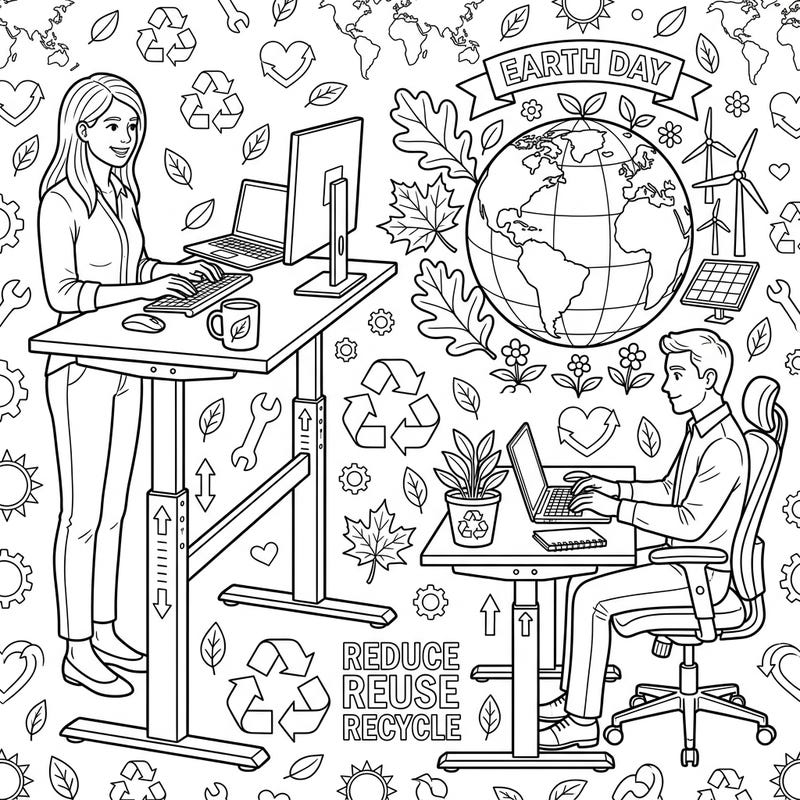 Promote health and sustainability with our unique Standing Desks Earth Day coloring page. This intricate design blends modern workspace trends with vital environmental messages, offering a mindful coloring experience.