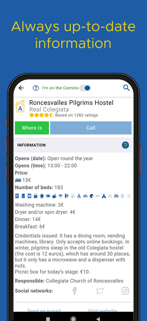 Buen Camino de Santiago App - Detailed information for Roncesvalles Pilgrims Hostel in the Buen Camino app showing prices and services