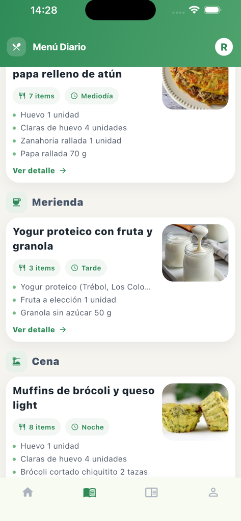 Alimente - Interface mobile montrant le menu quotidien et des recettes saines en espagnol.