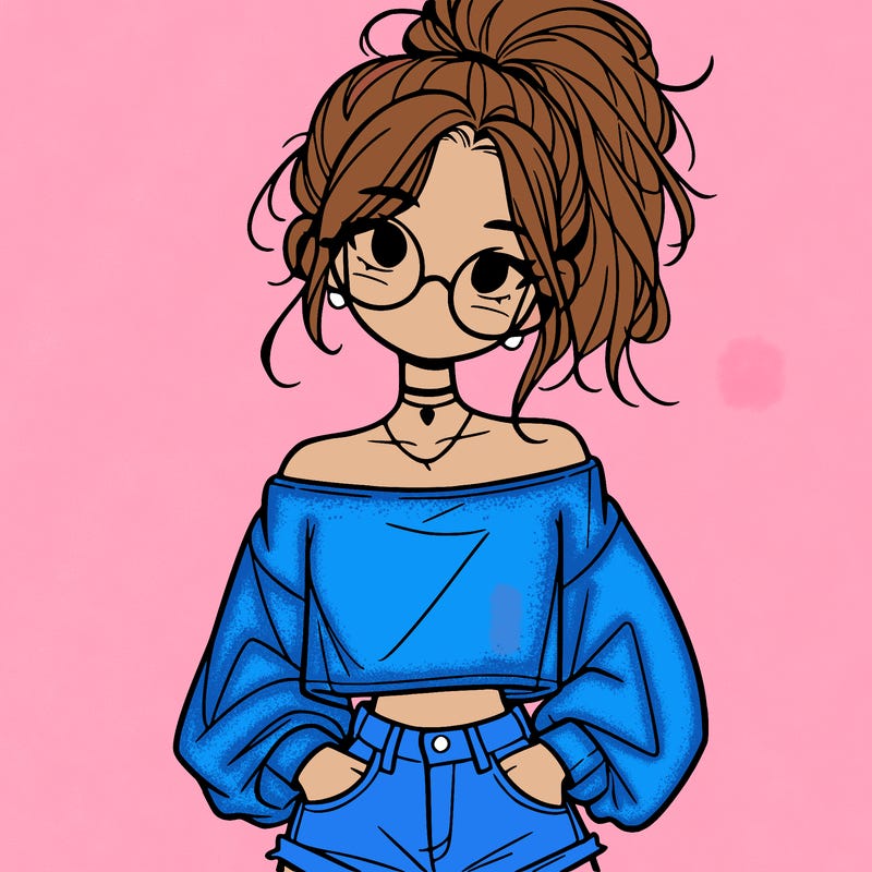 girl with a messy ponytail glasses a baggy crop top and jean shorts