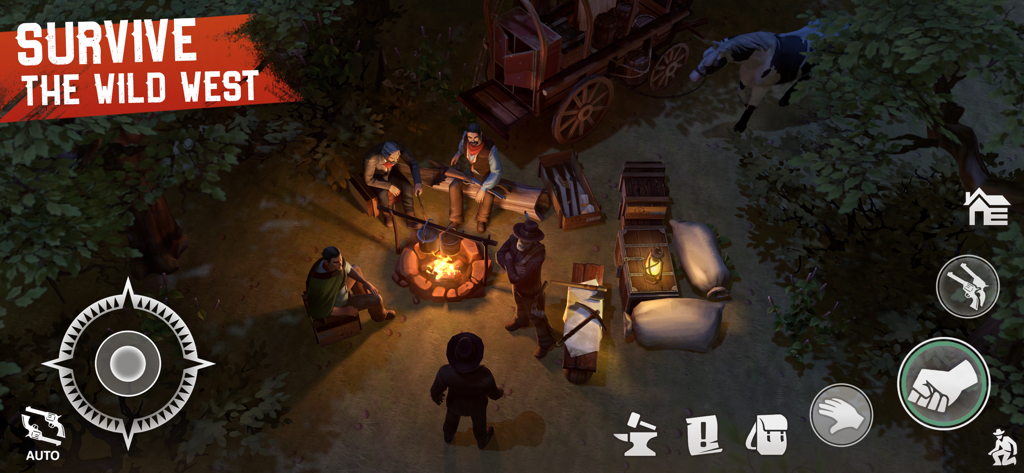 A group of cowboys sitting around a campfire at night in the Westland Survival RPG game
