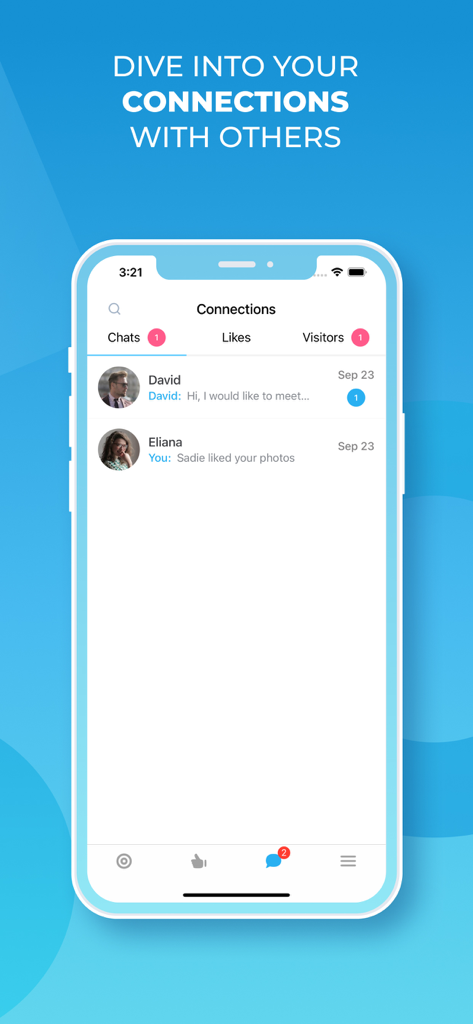 The connections screen of the Fiix dating app showing a list of active chats and notification badges for likes and visitors