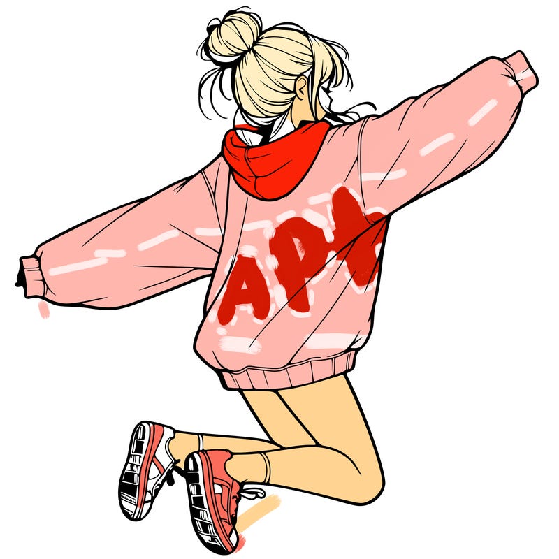 realistic girl jumping with a bun and oversized sweatshirt