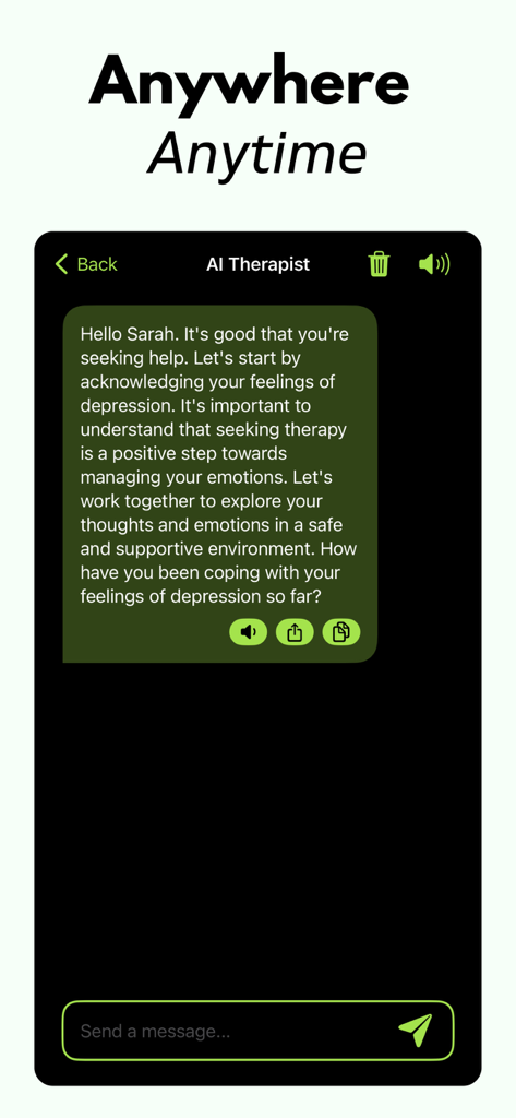 AI Therapist: Therapy Chatbot - Chat interface of the AI Therapist app showing a supportive message about depression and the headline Anywhere Anytime