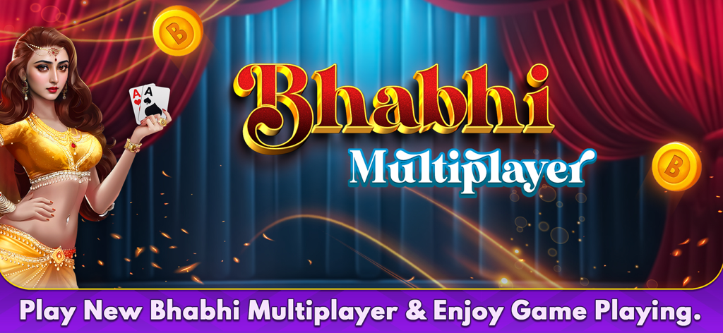 Bhabhi Multiplayer card game banner with a woman holding aces and gold coins