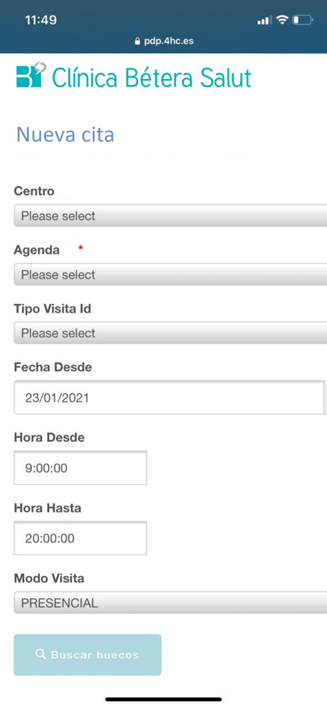 Betera Salut - Captura de pantalla de la aplicación Betera Salut que muestra un formulario para reservar una nueva cita médica con selección de fecha y hora.