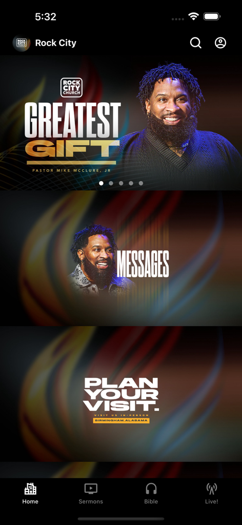 Rock City App - The home screen of the Rock City App featuring Pastor Mike Jr and church message sections