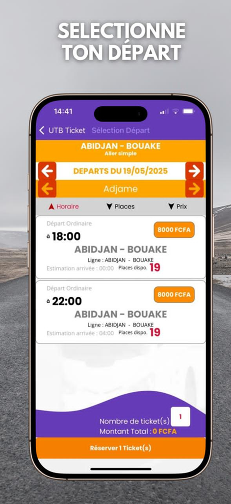 UTB Ticket - UTB Ticket mobile app interface for selecting bus departures from Abidjan to Bouake