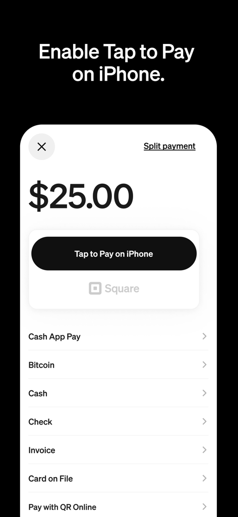 Square Point of Sale app interface showing Tap to Pay on iPhone and various payment methods like Bitcoin and Cash App Pay