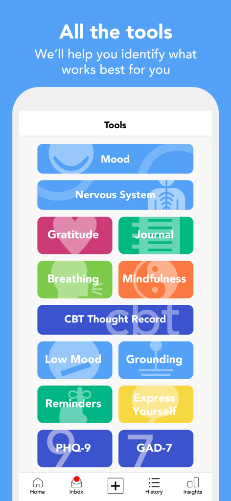 CBTや気分トラッキングを含むメンタルヘルスおよびウェルネスツールの包括的なスイートを表示するMoodfitアプリのインターフェース