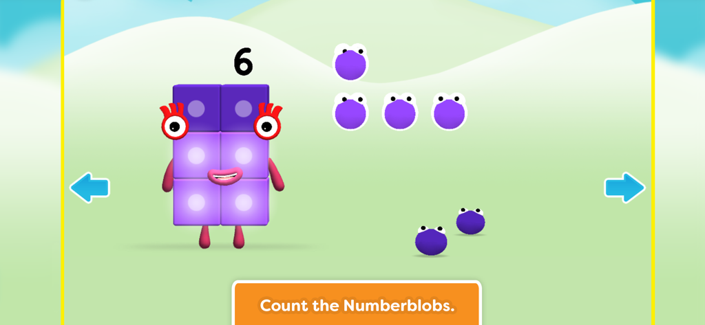 Meet the Numberblocks! - ナンバーブロックのアプリの画面に、キャラクターの「シックス」と数えるための紫のナンバーブロブが表示されています