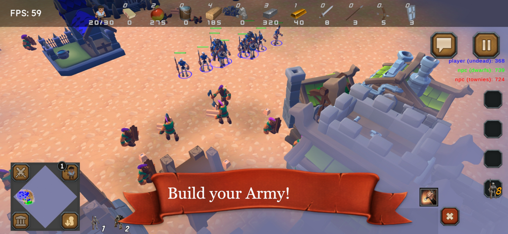 Rise of the Townies - RTS - Gameplay screenshot of Rise of the Townies RTS showing character units and village building with a banner saying Build your Army