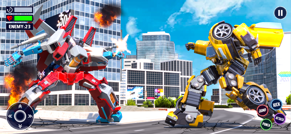Robot Transform 3d War Games - Two giant robots battling in a city arena with action game controls displayed