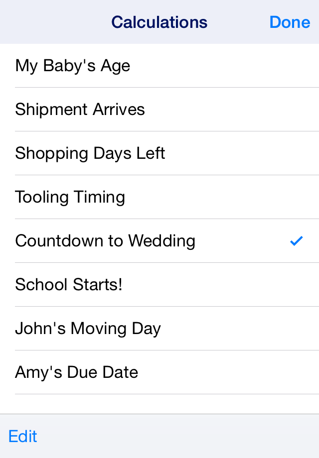 Date Wheel date calculator - List of saved date calculations in the Date Wheel app showing various personal and professional countdowns
