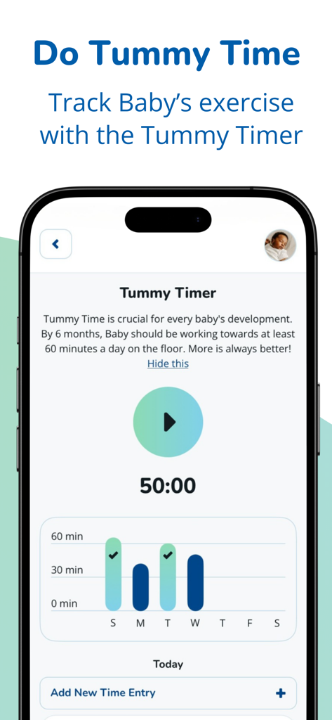 Pathways.org Baby Milestones - The Tummy Time timer feature in the Pathways app showing a play button timer and a weekly progress chart.