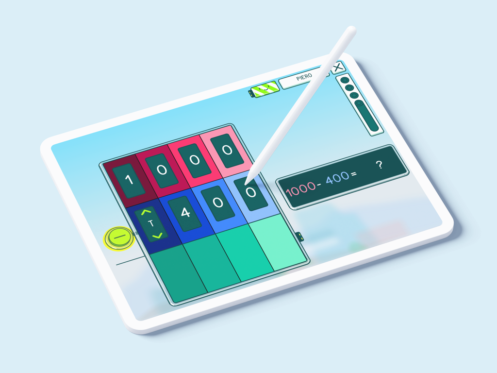 iPad screen displaying a colorful subtraction math problem in the appolino learning app with a stylus