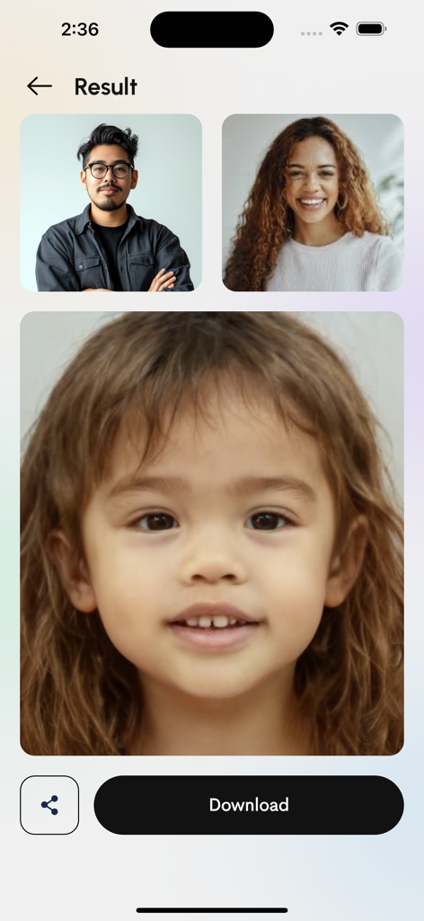 Baby Predictor - Future Face - Visage de futur bébé généré par IA basé sur les photos de deux parents dans l'interface de l'application
