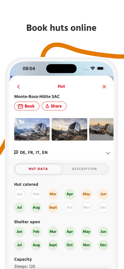 SAC – Swiss Alpine Club - Una captura de pantalla móvil de la aplicación del CAS que muestra las opciones de reserva y los detalles de disponibilidad para el refugio de montaña Monte Rosa