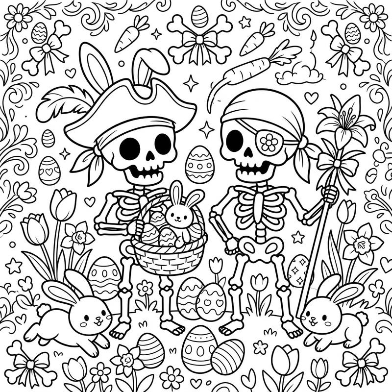 Get ready for a swashbuckling good time with our unique Pirate Skeletons Easter coloring page! This delightful design blends spooky pirate charm with the joyous spirit of spring, creating a truly original artistic challenge.