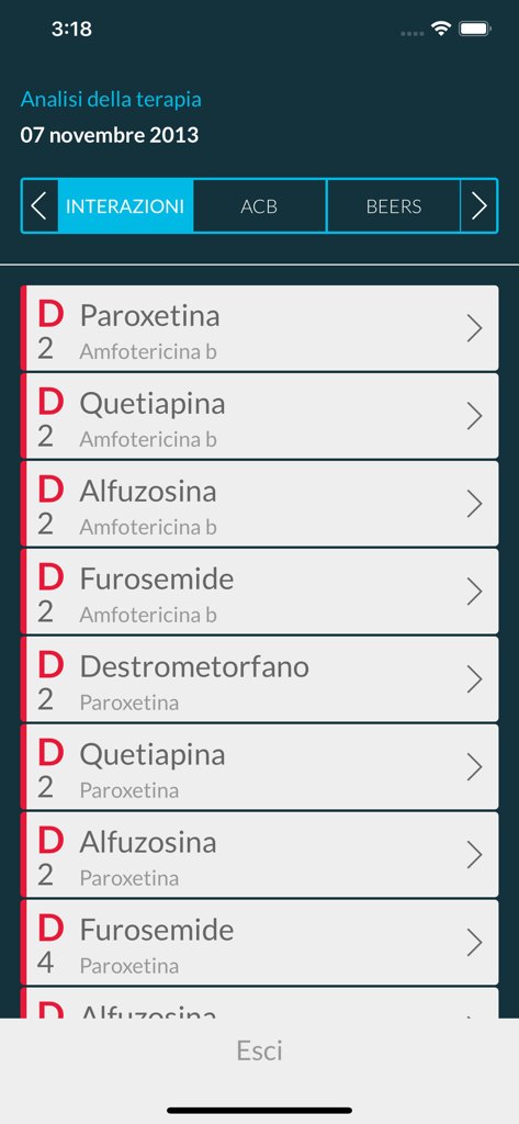 INTERCheck - INTERCheck app displaying a list of potential drug interactions for clinical therapy analysis.