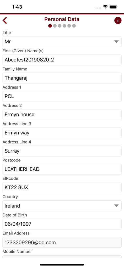 Premium Credit - eJourney - Personal data entry screen in the Premium Credit eJourney app for Irish loan applicants