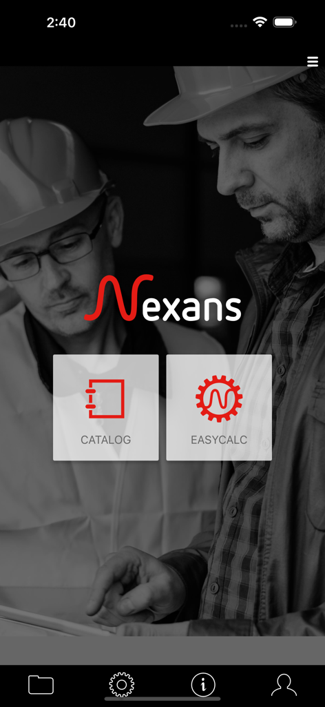 Startbildschirm der Nexans-Mobil-App mit Katalog- und EasyCalc-Funktionen für Elektriker.