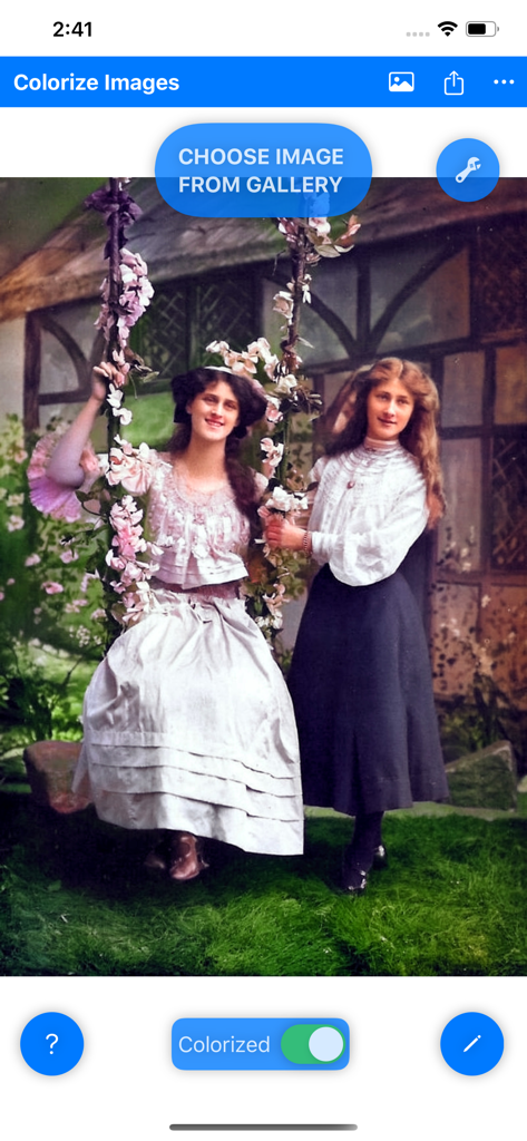 Colorize Images - Koloriertes Vintage-Foto von zwei Frauen auf einer Schaukel in der Benutzeroberfläche der Colorize Images App