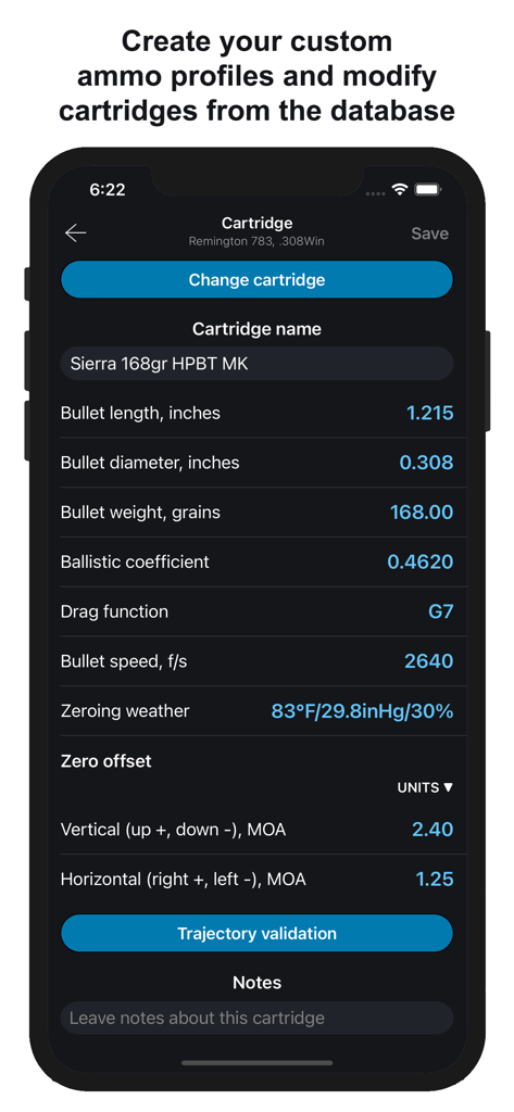 A screenshot showing the custom ammo profile and cartridge settings interface in the Chairgun Elite Ballistic Tool app.