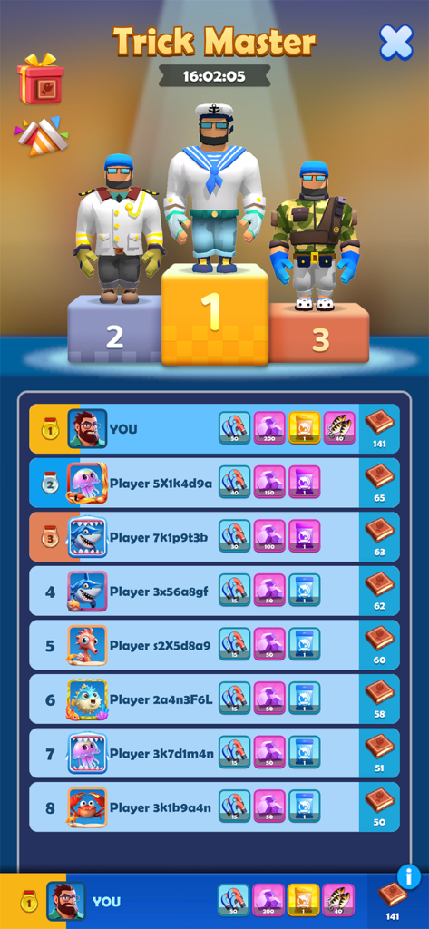 Fishing Frenzy:Idle Hooked Inc - Una pantalla de tabla de clasificación titulada Trick Master que muestra a los mejores jugadores en un podio y una lista de ganadores con sus recompensas en el juego móvil Fishing Frenzy