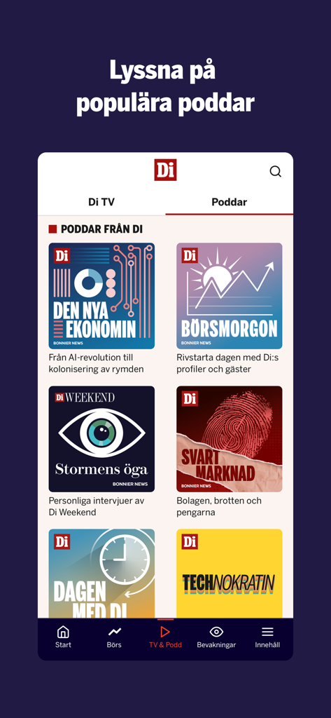 Dagens industri - Dagens industri app interface displaying popular financial and business podcasts.