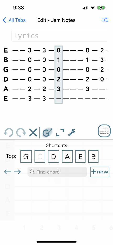 Guitar Tab Maker - Guitar Tab Maker editing interface showing guitar fret numbers and chord shortcuts