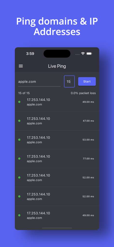 Interface of the IP Scanner app showing a live ping test for apple.com with response times in milliseconds
