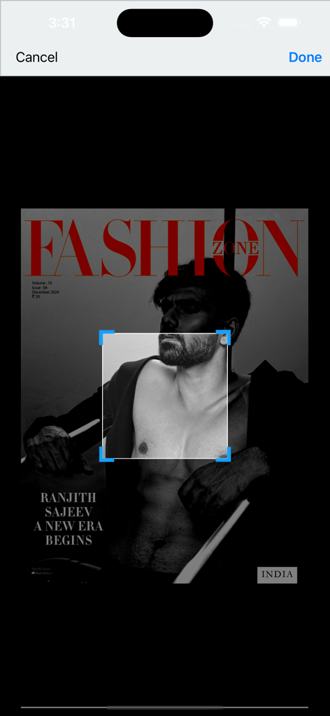 Fashion Zone Magazine - Ein digitales Modemagazin-Cover in der App-Oberfläche, das ein Zuschneidewerkzeug über einem Porträt zeigt