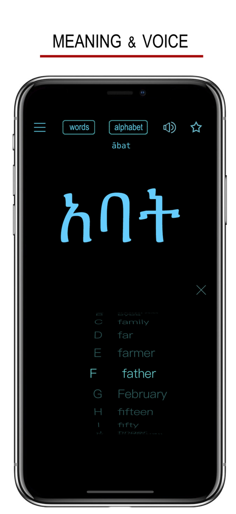 Interface of the Amharic Words and Writing app displaying the Ge'ez script for the word father along with its English translation and audio icon.