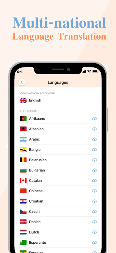 Siko Translator-Multilingual - Interfaz de la aplicación Siko Translator mostrando una lista de idiomas compatibles con banderas nacionales