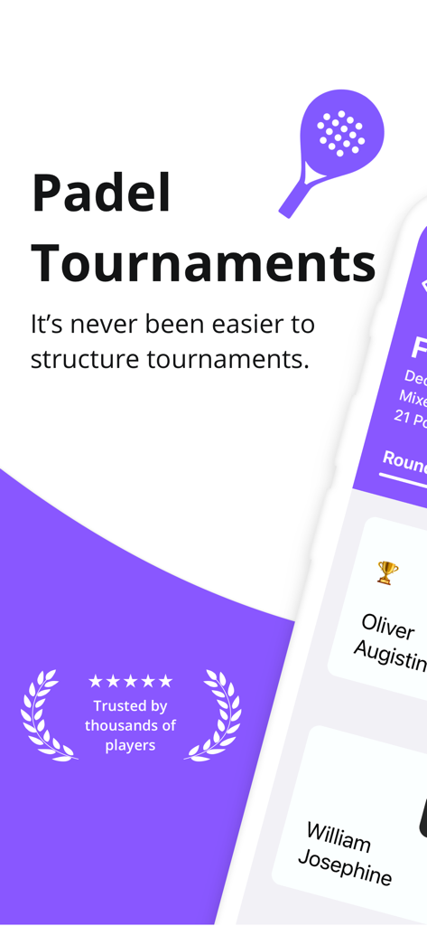 Interface de l'application Padel Americano pour organiser des tournois avec un classement des joueurs