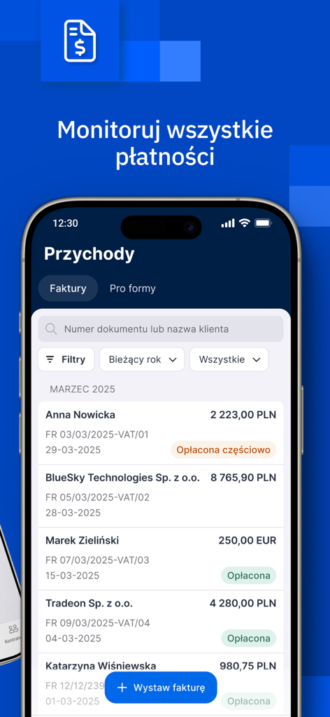 Tableau de bord de l'application comptable IFIRMA montrant les statuts de paiement des factures et le suivi des revenus.