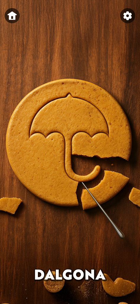 A digital dalgona honeycomb candy game screen featuring an umbrella shape being carved with a needle on a wood background