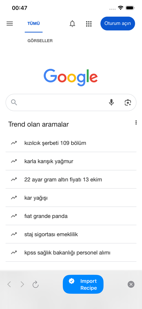 RecipeNotes – For Pro Chefs - Una pantalla móvil mostrando un navegador web con un botón azul Importar Receta en la parte inferior para guardar recetas directamente en la aplicación RecipeNotes.