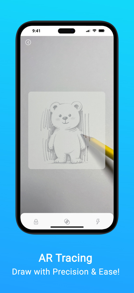 EasyDrawing AR: Sketch & Trace - Un écran de smartphone montrant la fonction de tracé RA utilisée pour esquisser un ours en peluche sur du papier