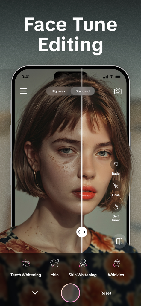 Photo Editor AI - Edit Photos - Interfaz de una aplicación móvil mostrando una comparación de antes y después de la edición de rostro con suavizado de piel y filtros de belleza