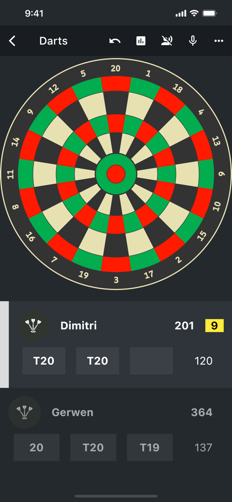 DARTS Scorekeeper 2026 - Interfaz de la aplicación DARTS Scorekeeper 2026 que muestra un tablero de dardos virtual y las puntuaciones de los jugadores