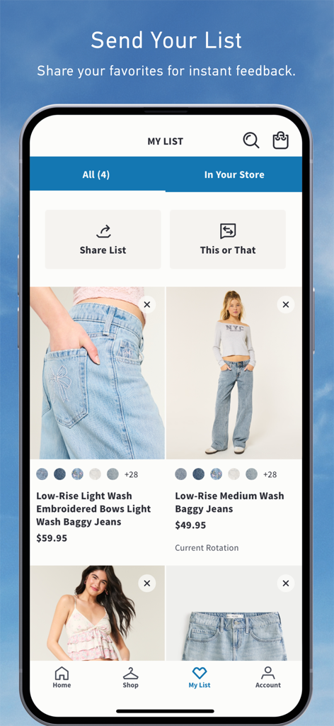 Hollister Co app My List screen showing social sharing options and saved clothing items
