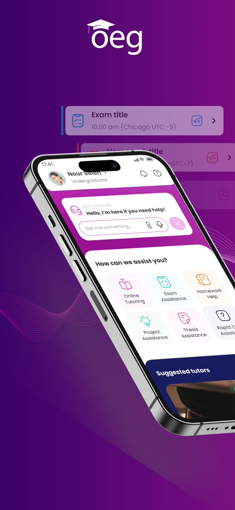 OEG - Find Expert Tutors - OEG mobile app dashboard showing services for online tutoring, exam assistance, and homework help.